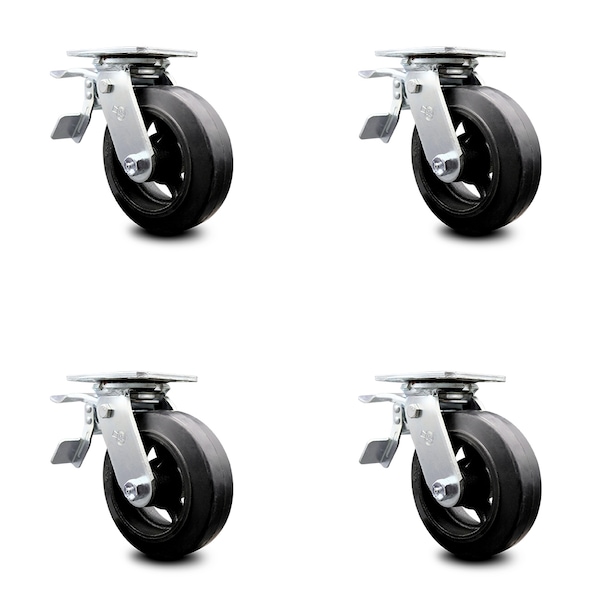 6 Inch Rubber on Steel Caster Set with Ball Bearing and Total Lock Brake SCC